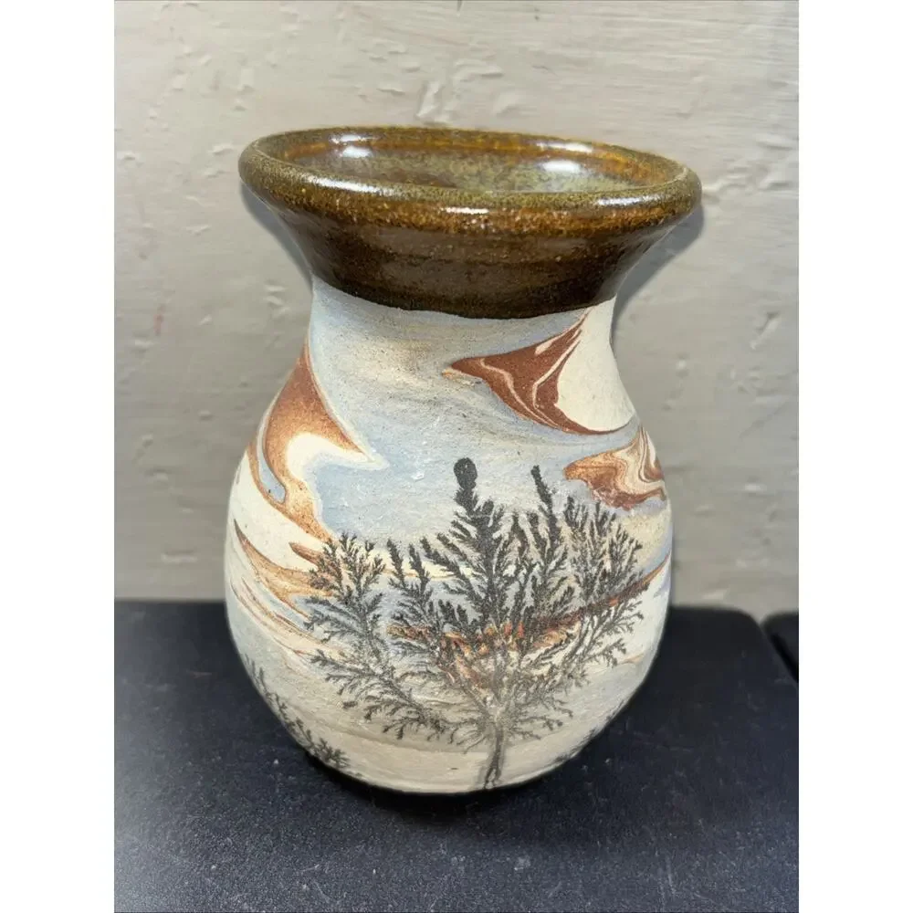 Potters Hand Pottery - Earthenware Vase w/ Painted Trees & Earthtone Background